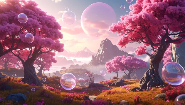 A serene fantasy landscape with pink trees and bubbles