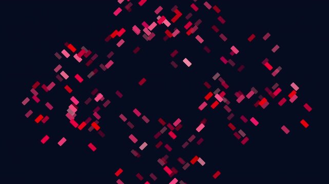 Animated red and pink rectangular particles drift across a dark navy background, forming a dynamic abstract tech backdrop for data, network, and cyber themes
