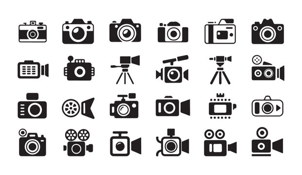 Collection camera icons video camera objects vintage professional equipment modern vector.