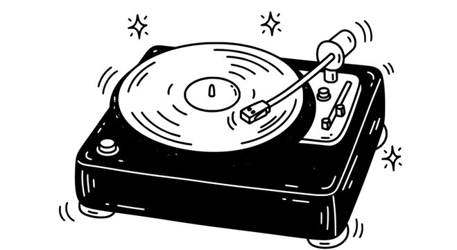 Turntable vinyl record player icon with spinning disc, speaker sound waves and retro sketch style for music and DJ graphics