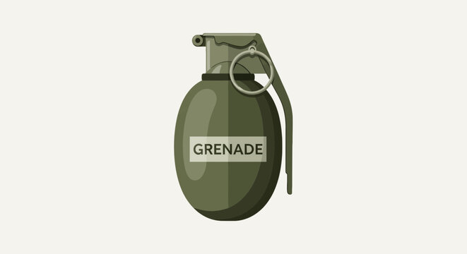 Olive green grenade illustration with a pull pin and label design in a vector style for military or explosive safety themes; isolated object