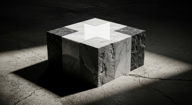 An abstract 3d render of an empty glass cube container on a black background featuring a minimalist square box design for a blank product packaging concept