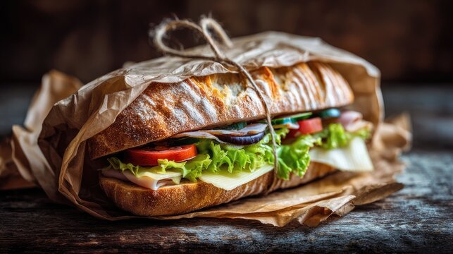 Freshly Made Sandwich Wrapped in Brown Paper on Wooden Surface with Vegetables and Cheese Ingredients Displayed Lushly for Perfect Lunch Option
