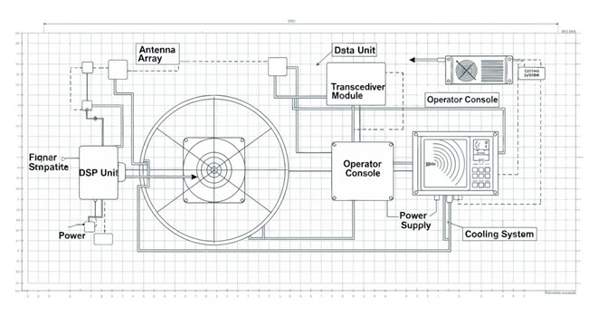 Schematic diagram of radar system with antenna array DSP unit operator consoles power supply and cooling for technical documentation