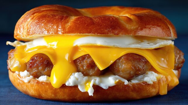 Delicious breakfast sandwich with sausage, melted cheese, crispy egg on a toasted bagel, perfect for morning meals and brunch ideas