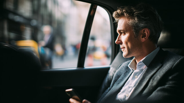 businessman working on laptop inside taxi during business travel, focused male executive in black blazer using portable computer in moving car, commuting entrepreneur on digital device with urban back