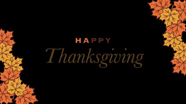 Happy thanksgiving text with maple leaf video animation