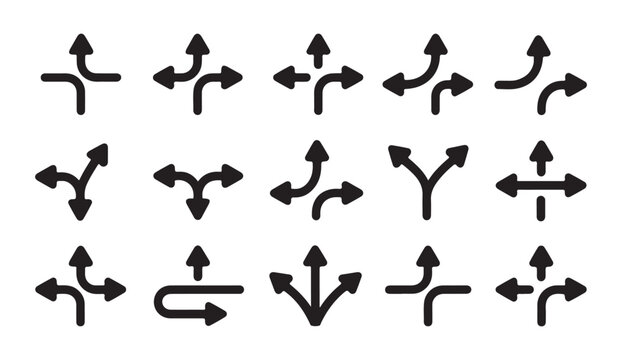 Black intersection and direction arrow icons set for street navigation and map guidance illustration.