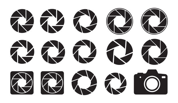 Aperture blades and shutter icons with camera body graphic for photography settings and design app.