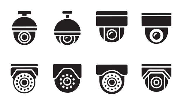Set of eight black security camera icons with different dome and bullet styles.