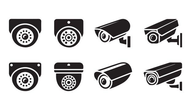 Set of eight black security camera icons featuring dome, bullet, and wall-mounted designs.