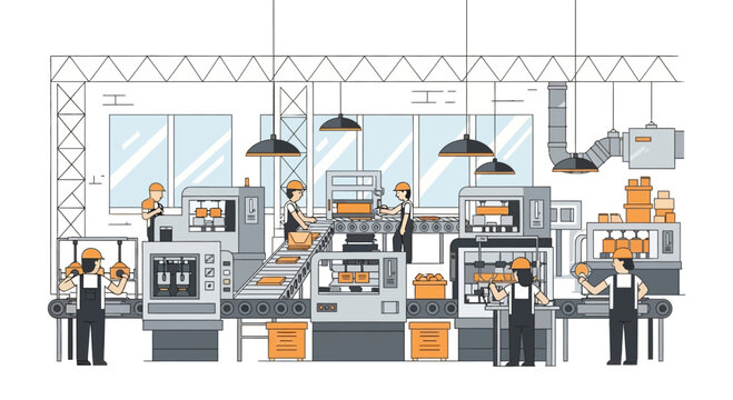 Modern factory interior with workers operating automated machinery and assembly lines.