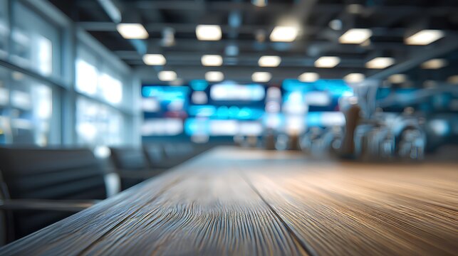 Meeting Room Perspective: A blurred, yet inviting interior shot of a modern meeting room, dominated by a prominent wooden table leading the eye towards the open space.