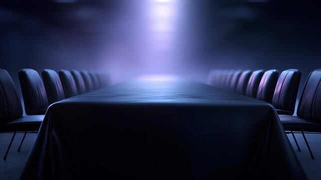 Mysterious Meeting: An empty meeting room, bathed in an ethereal light, exudes an aura of anticipation and intrigue, with a long table and chairs ready for a clandestine gathering.