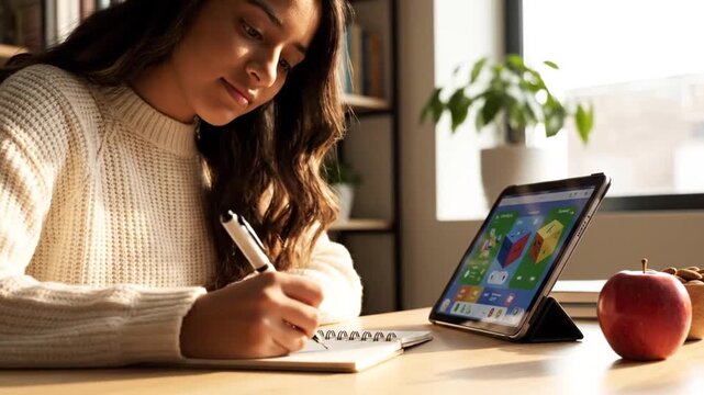 Woman using tablet and stylus drawing and working in bright office setting