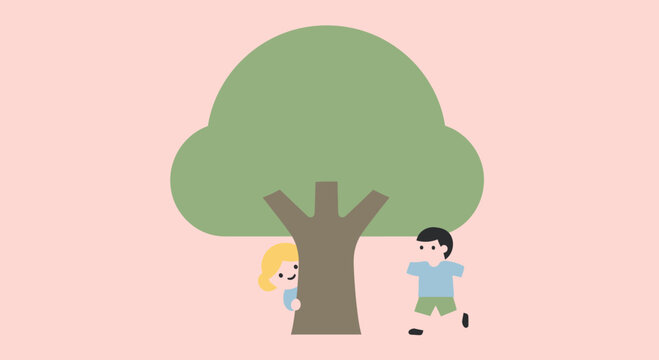 Children Playing Around Tree Trunk Together.