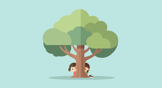 Two people under a tree trunk.