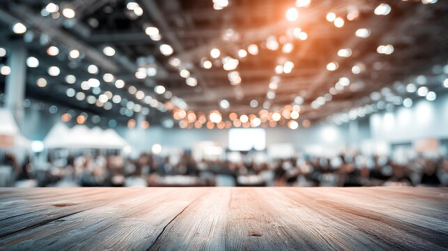 A Glimpse into Grand Gathering: Wooden table, blurred background. An abstract image that hints at the vibrant energy of a convention or large-scale event, filled with countless attendees.