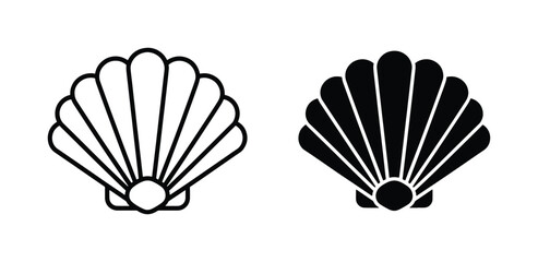 Minimalist seashell vector icons, black scallop shell line art and solid silhouette set, nautical beach symbols for summer branding and logo design © Nadiya