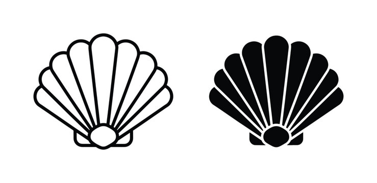 Minimalist seashell vector icons, black scallop shell line art and solid silhouette set, nautical beach symbols for summer branding and logo design