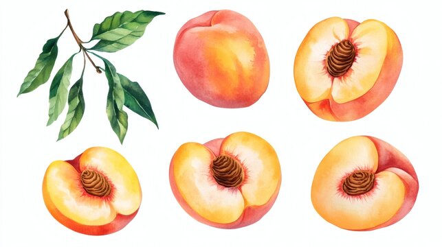 Watercolor illustration of whole and halved ripe peaches with leaves on white background