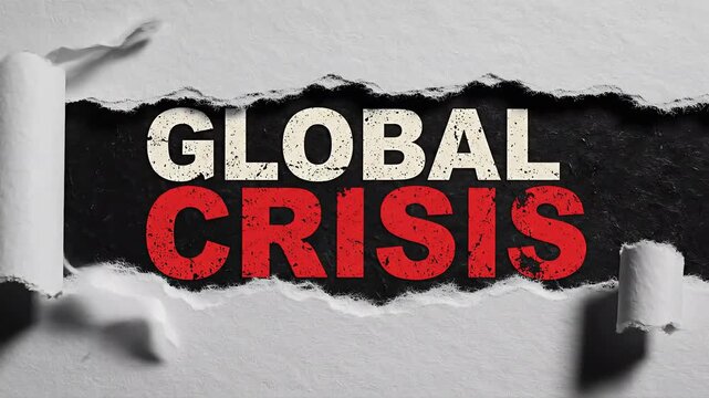 Torn paper revealing global crisis message.