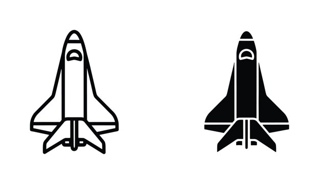 Space shuttle vector icons set, black outline and solid silhouette spacecraft symbols, aerospace transport graphics for science and technology projects