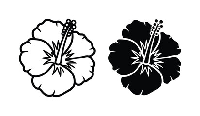 Tropical hibiscus flower vector icons, black and white floral silhouette and outline set, minimalist exotic bloom illustrations for summer branding © Hasan