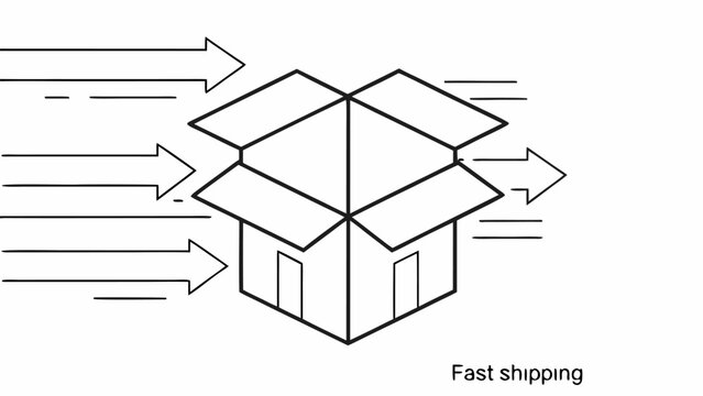 Open cardboard delivery box with dynamic motion lines and speed effect arrows indicating rapid transit and efficient logistics for e commerce and shipping services