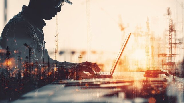 Electrical engineer using laptop for design (close up, focus on, copy space) vibrant screen and interface, double exposure silhouette with CAD