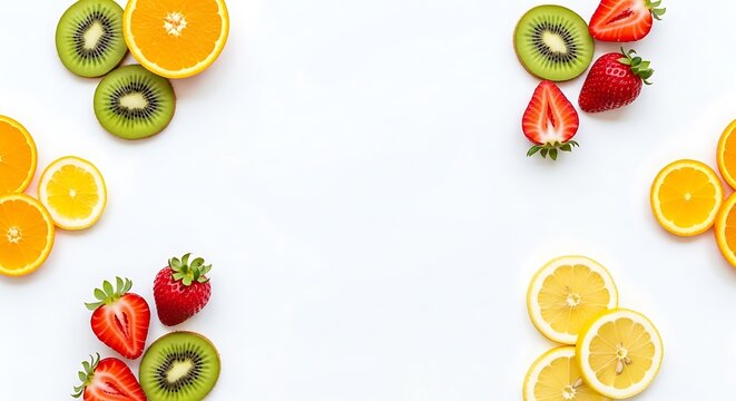 Fresh sliced fruits frame on white background with copy space