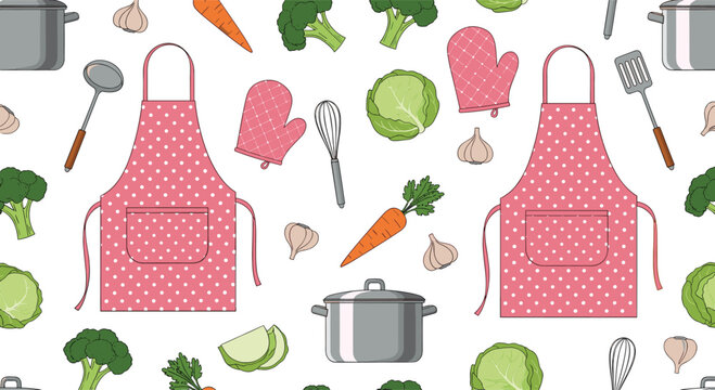 kitchen themed seamless pattern with pink polka dot aprons cooking pots fresh vegetables and culinary tools for chef and food designs.