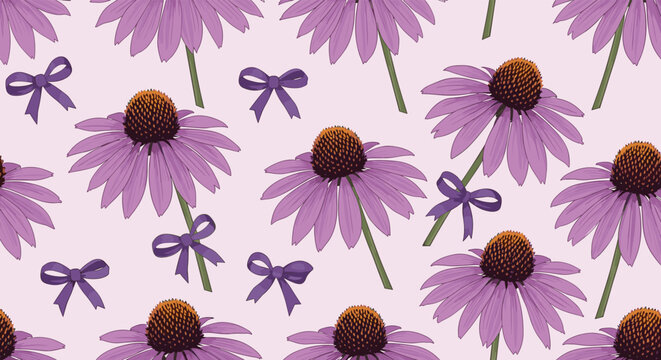 lovely seamless pattern featuring purple echinacea flowers and small bows on a light pink background for floral and feminine designs.