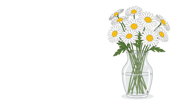 Beautiful bouquet of white daisies with yellow centers in a clear glass vase standing on a clean white background for floral decor.