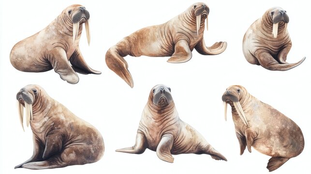 Six realistic walrus illustrations on white background, various poses, tusks visible, warm brown tones