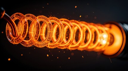 A close-up of a glowing, coiled filament inside a light bulb emitting warm orange light with a dark background.