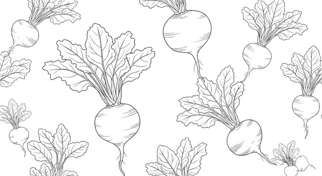 Seamless pattern of hand drawn beet vegetables with large lush leaves in a detailed black and white botanical line art style.