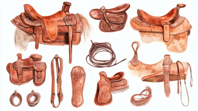 Six brown leather saddles and saddle parts arranged on white background, watercolor illustration with boho rustic style.
