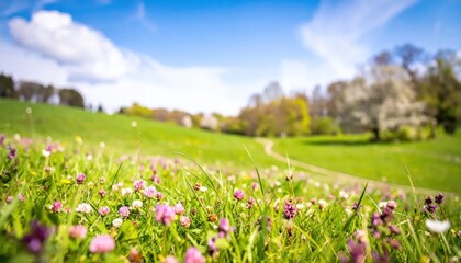 Fototapeta premium Vibrant Spring Meadow with Wildflowers and Rolling Hills Under a Blue Sky.