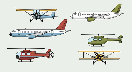 Diverse Aircraft Collection: Jets, Helicopters, Biplanes - Vector Icons © Mahfud