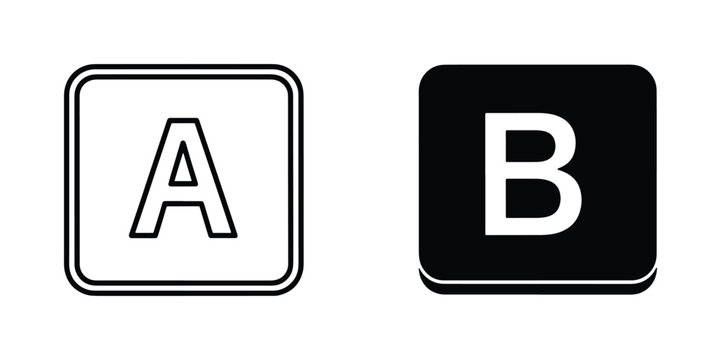 Minimalist A/B testing icons, black and white square buttons with letters A and B, simple vector UI elements for split testing and marketing analysis