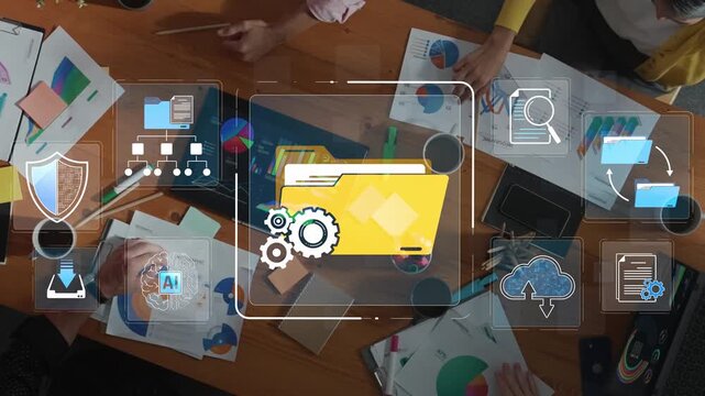 Creative Team Collaboration Overhead View with Digital Graphics, File Management, and Business Planning in Action in Modern Workspace Sigmoid
