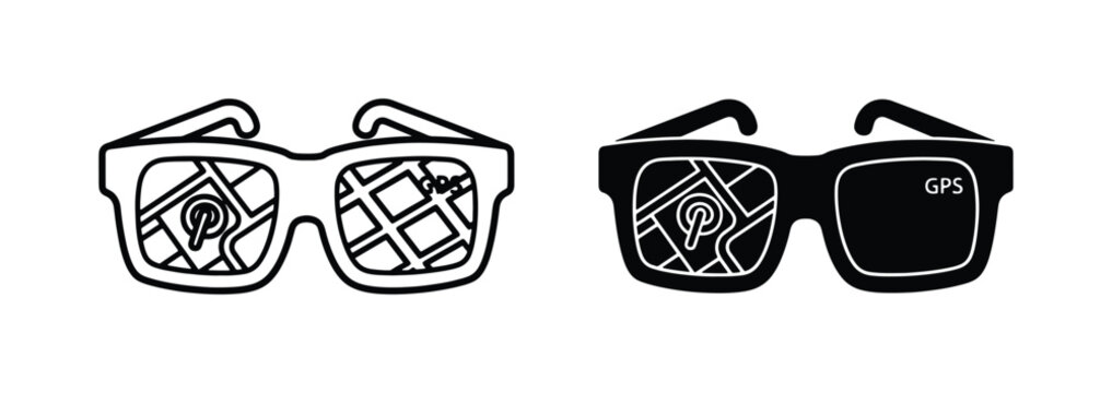 Smart glasses with GPS navigation map interface, augmented reality eyewear icons, digital wayfinding technology vector set for travel and tech