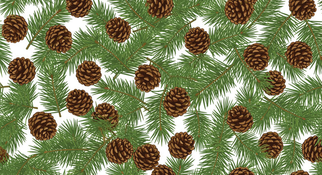 Pine branches and brown pine cones are densely packed in a seamless winter forest pattern suitable for holiday decorations.