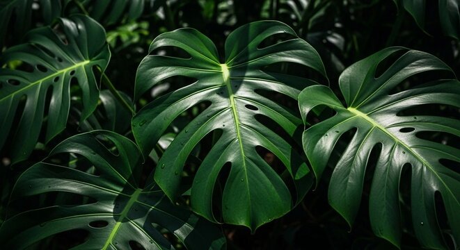 Lush green Monstera deliciosa leaves with dramatic natural lighting and water droplets in a tropical setting.