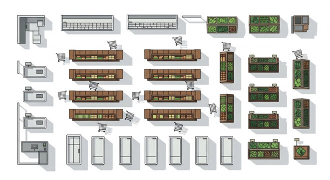 Top View Grocery Store Vector Set with Shelves Carts Checkout Counters and Refrigerators