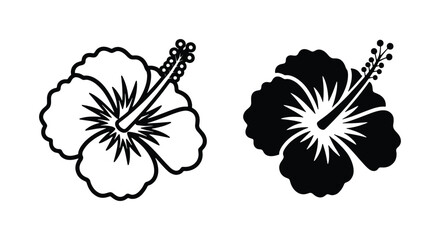 Tropical hibiscus flower icons, black and white floral vector set, minimalist exotic bloom silhouettes for summer branding and botanical logo design © Fatema