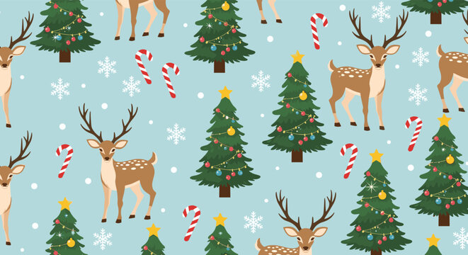 Festive Christmas seamless pattern featuring cute deer, decorated evergreen trees, candy canes, and snowflakes on a blue background.