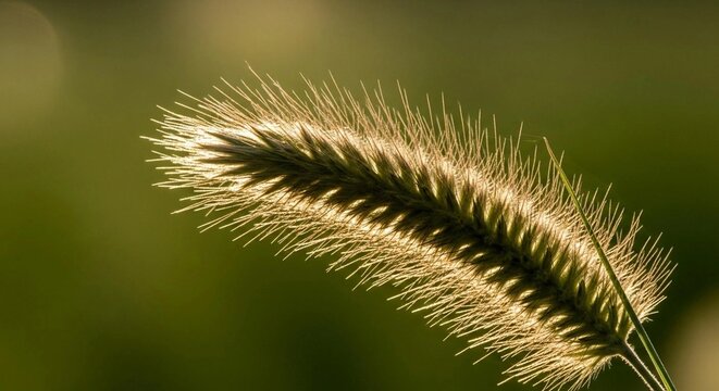 Close-up of a golden foxtail grass head backlit by sunlight, showing intricate bristly details against a soft green bokeh background.