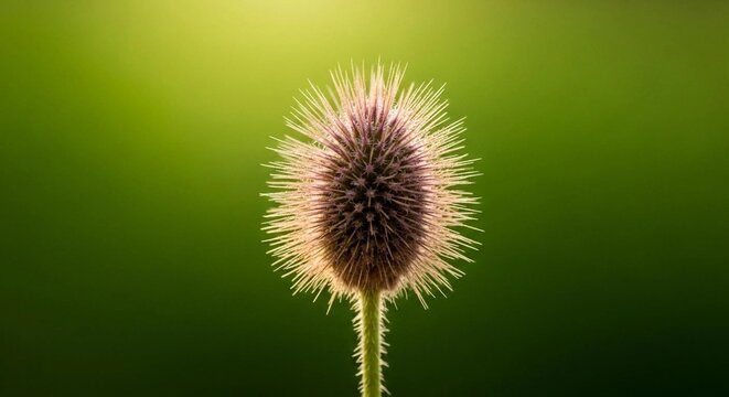 Macro shot of a spiky teasel flower head backlit by warm light against a soft green background.